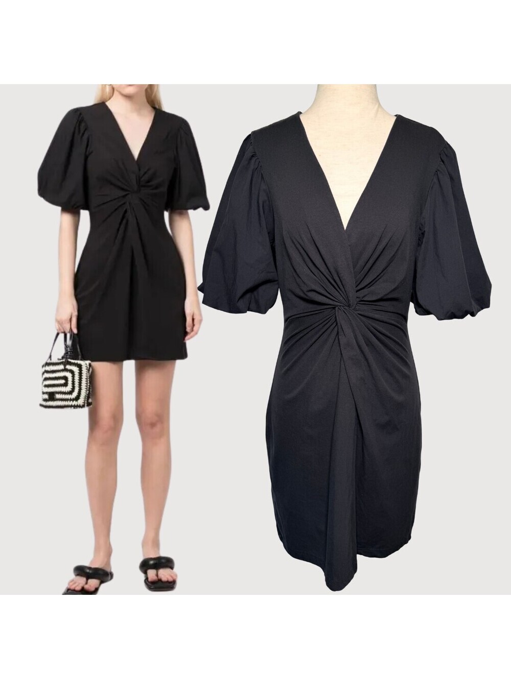 Cinq à Sept Bette Black Puff Sleeve V-Neck Mini Dress S